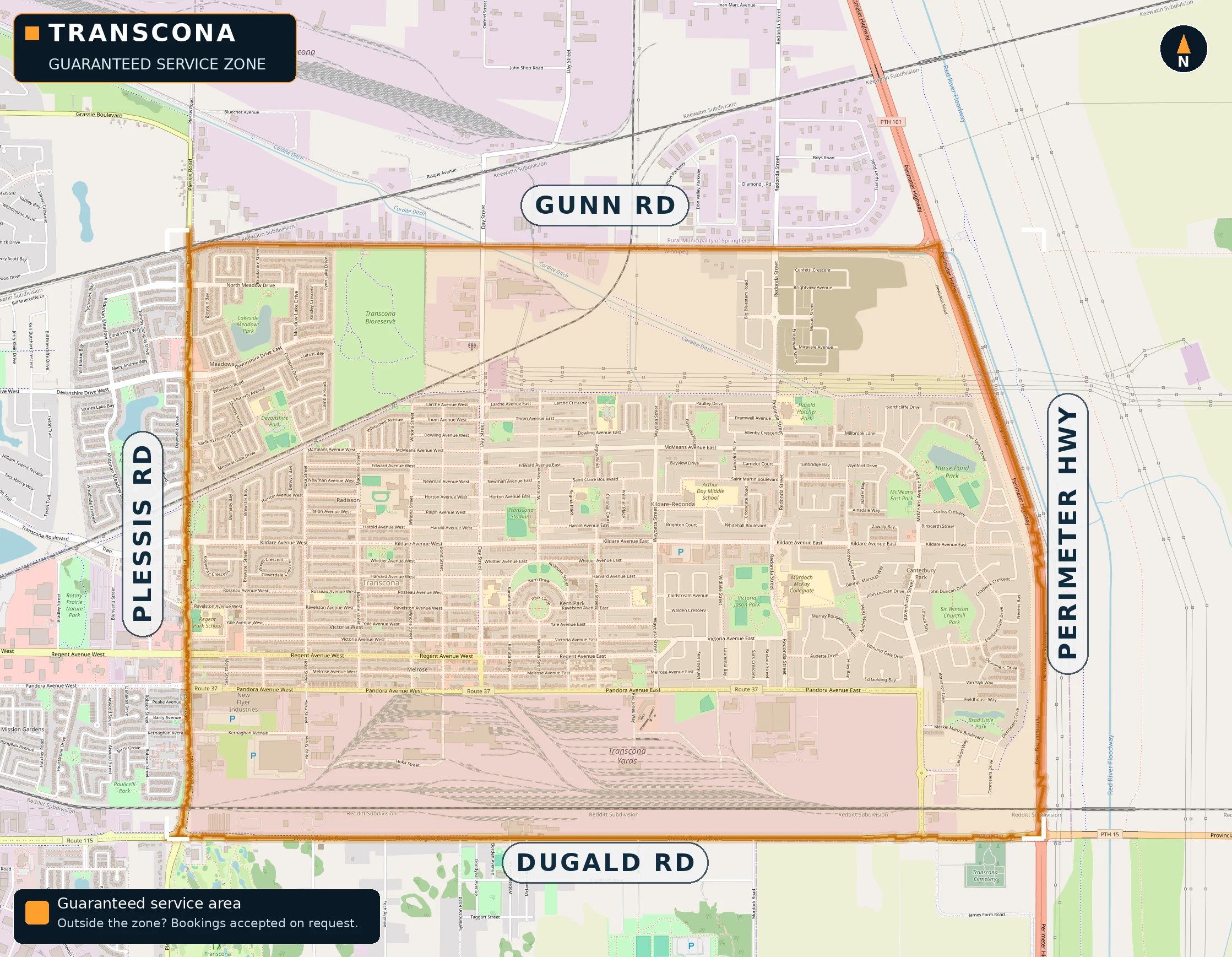 Map of guaranteed service area in Transcona