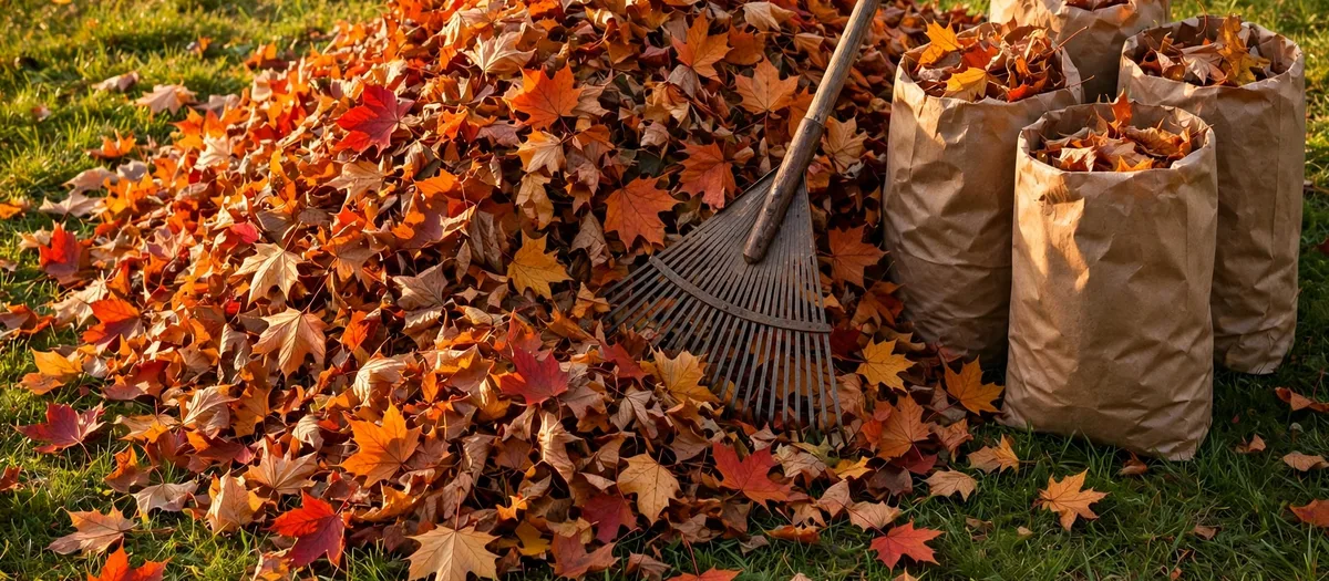 Raking autumn maple leaves into paper yard bags during a fall cleanup